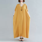 Plus Size Women's Bohemian V-neck Cotton Dress Solid Color Robe