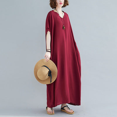 Plus Size Women's Bohemian V-neck Cotton Dress Solid Color Robe