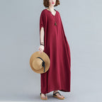 Plus Size Women's Bohemian V-neck Cotton Dress Solid Color Robe