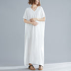 Plus Size Women's Bohemian V-neck Cotton Dress Solid Color Robe
