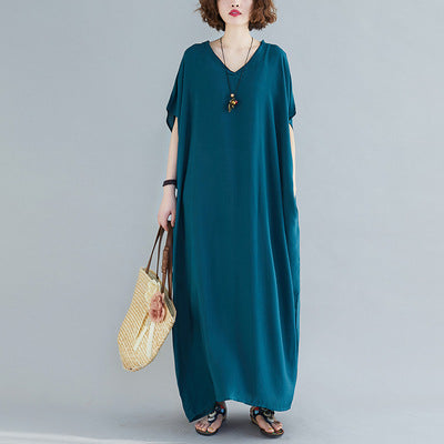 Plus Size Women's Bohemian V-neck Cotton Dress Solid Color Robe