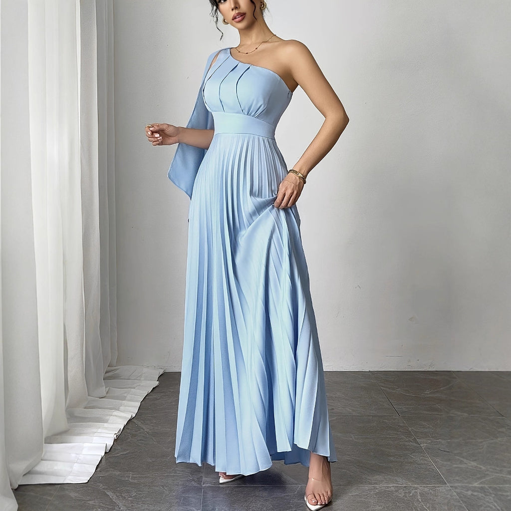 French Fashion New Temperament Single Shoulder Ribbon Waist Pleated Dress