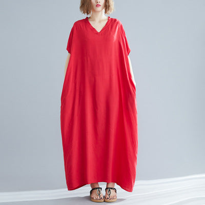 Plus Size Women's Bohemian V-neck Cotton Dress Solid Color Robe