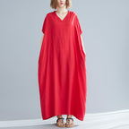 Plus Size Women's Bohemian V-neck Cotton Dress Solid Color Robe