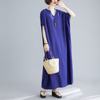 Plus Size Women's Bohemian V-neck Cotton Dress Solid Color Robe