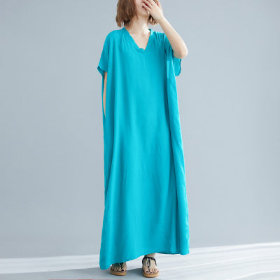 Plus Size Women's Bohemian V-neck Cotton Dress Solid Color Robe