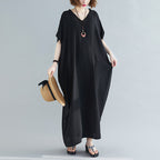 Plus Size Women's Bohemian V-neck Cotton Dress Solid Color Robe