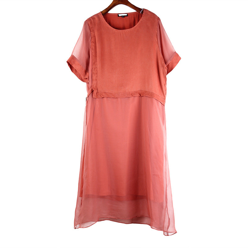2018 summer new fat mm large size women's light cooked temperament copper ammonia stitching loose large size dress 6733