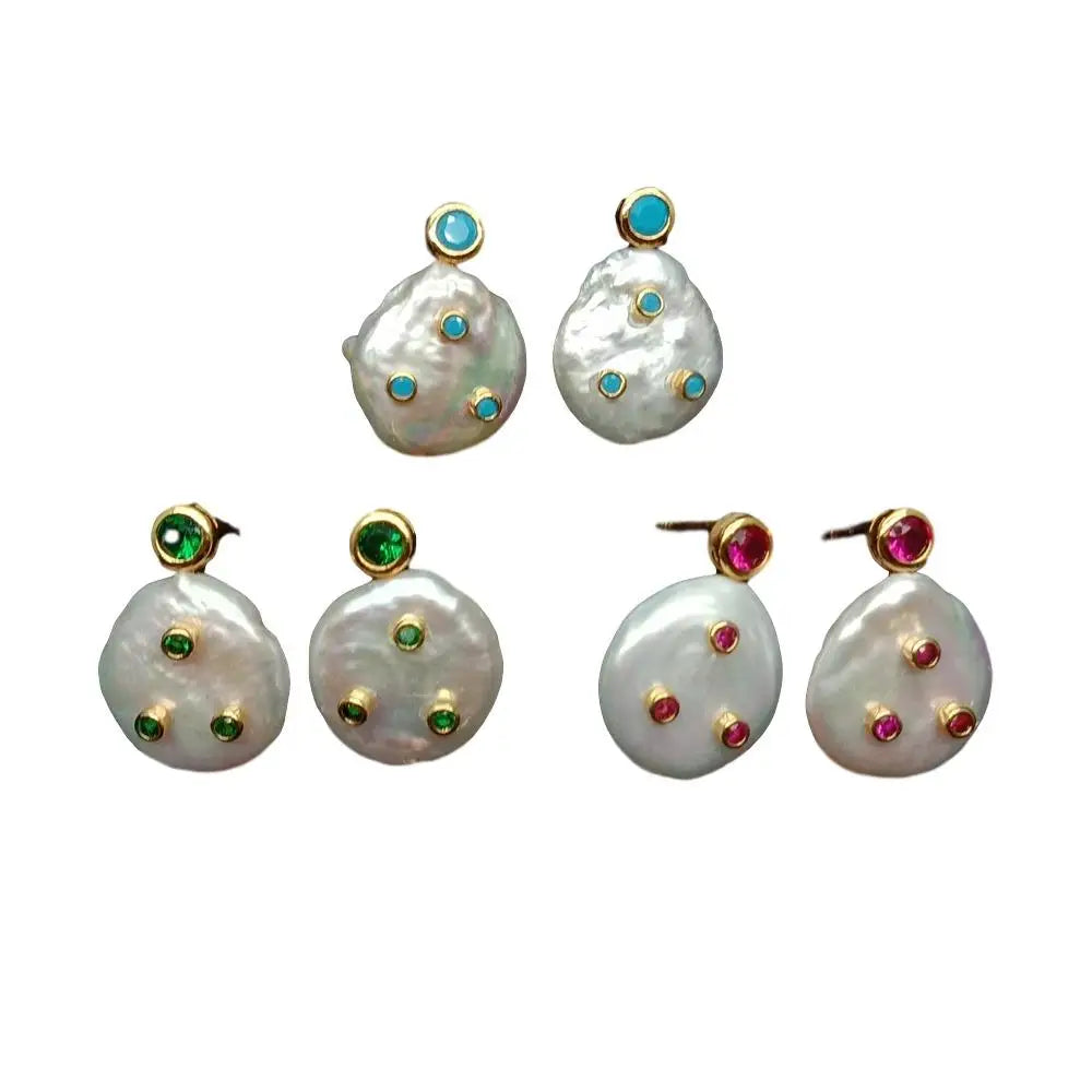 Freshwater Cultured White Coin Pearl Muti Color Cz pave Stud Earrings for Woman