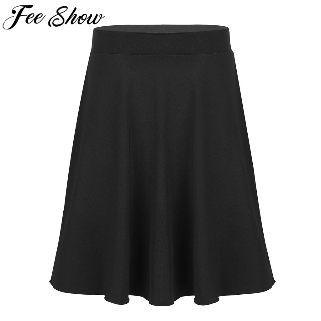 FEESHOW Kids Girls Skirts Big Girls Solid Color Lightweight Stretchy Knee Length Full A-Line Skater Skirt Casual Party Clothes