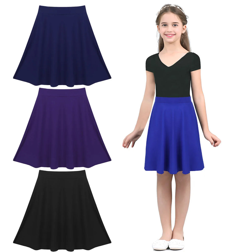 FEESHOW Kids Girls Skirts Big Girls Solid Color Lightweight Stretchy Knee Length Full A-Line Skater Skirt Casual Party Clothes