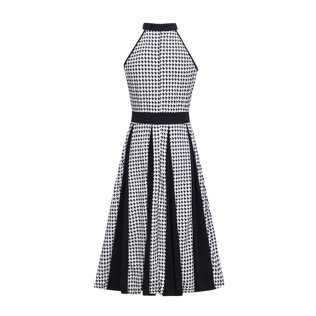 2025 Fashion Stretch Retro Elegant Dress Houndstooth Neck Sleeveless Waisted Single-breasted Large Swing Mid-length Dress