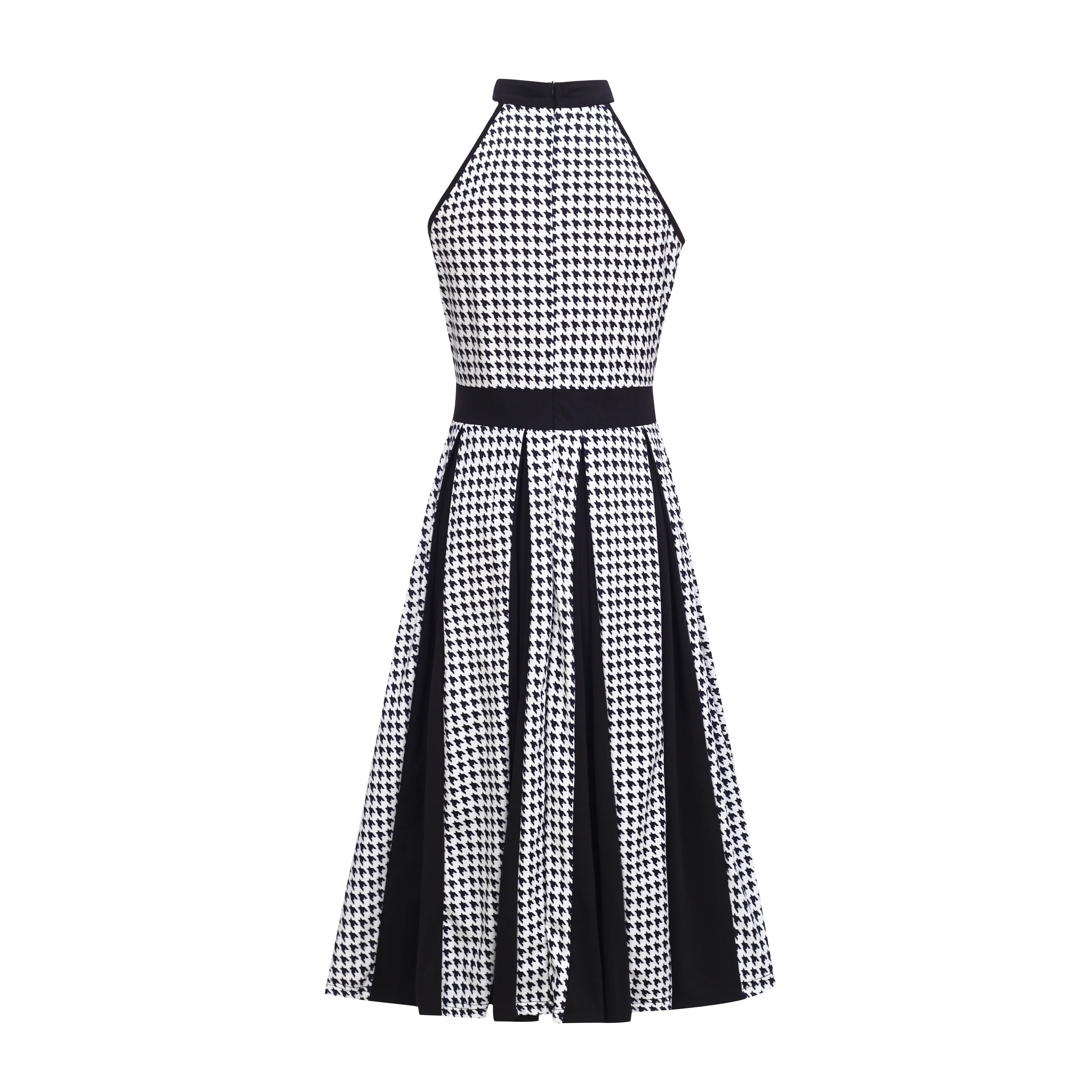 2025 Fashion Stretch Retro Elegant Dress Houndstooth Neck Sleeveless Waisted Single-breasted Large Swing Mid-length Dress