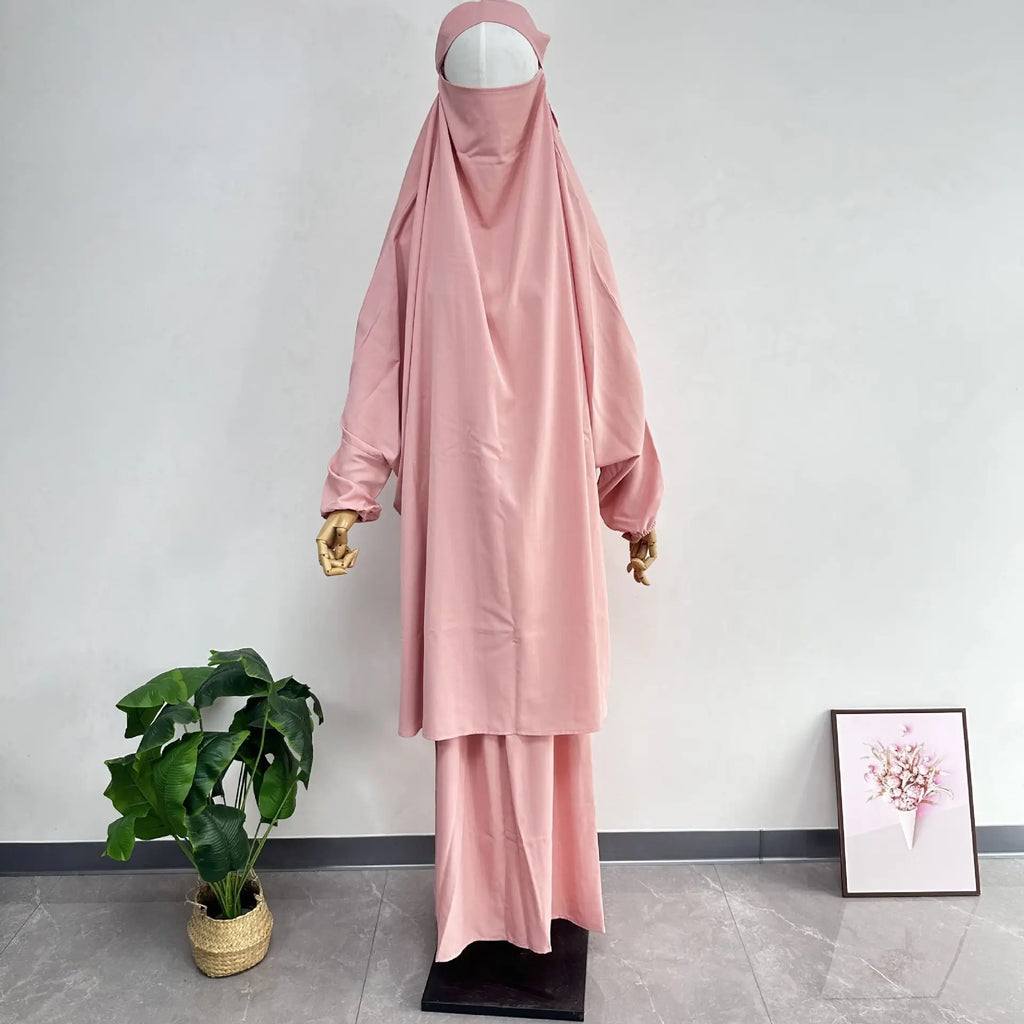 2PCS Women Eid Hooded Muslim Hijab Dress Set Prayer Garment Robes Abaya Khimar Full Cover Ramadan Gown Abayas Islamic Clothing