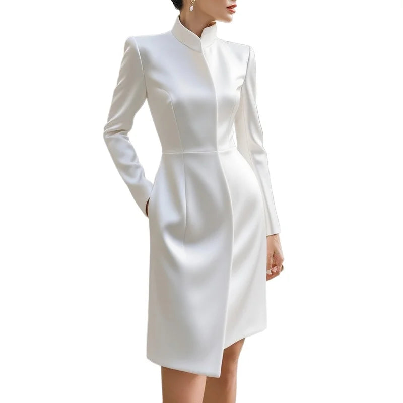 Krisstargirls Women's White Formal Evening Dress 2026 New High-Low Pockets Simple Banquet Midi Dresses for Urban Office Ladies