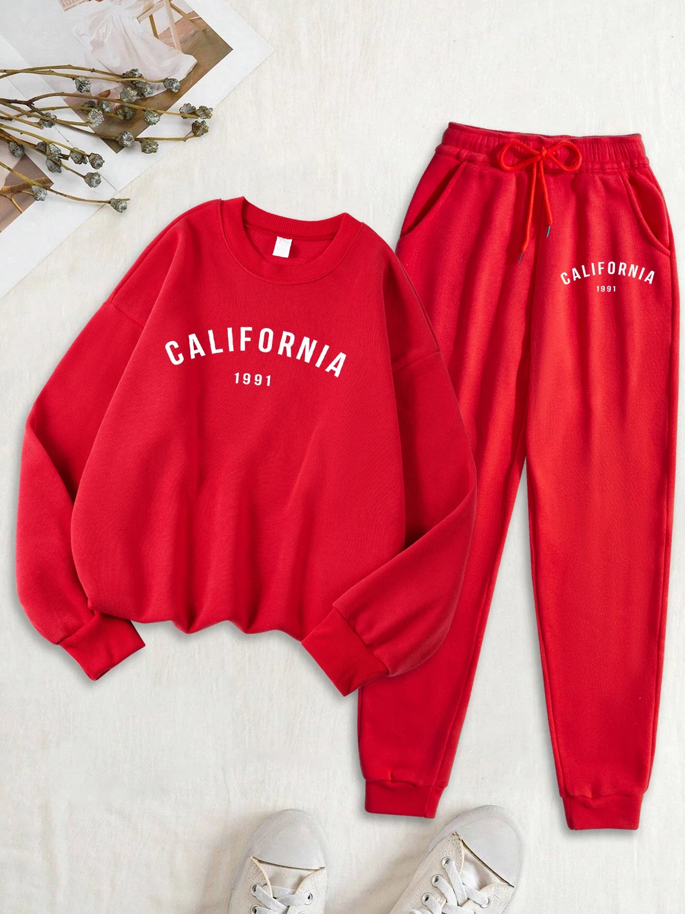 Califirnia Letter 1991 Print Women Soft Sweatshirt Set Street O-Neck Tracksuit Autumn All-Match Clothes Casual Fleece Sweatpant