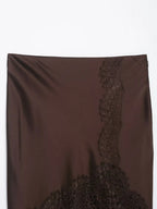 BSAY Lace Satin Elegant long Skirt Women Fashion Autumn Winter New brown Side Zip Chic Female High Waist Midi Skirts Mujer