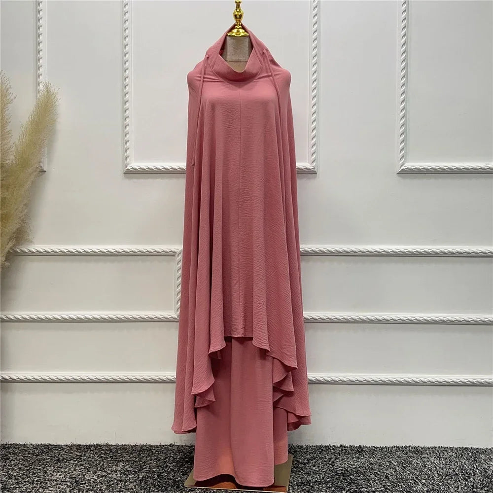 2PCS Muslim Women Modest Prayer Dress Eid Khimar Djellaba Abaya Overhead Burqa Robe Dubai Turkish Robe Kaftan Islamic Clothing