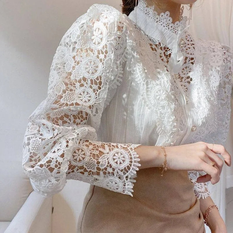 Vintage Solid White Lace Blouse Shirts Women New Korean Button Loose Shirt Tops Female Hollow Casual Ladies Blouses Blusas