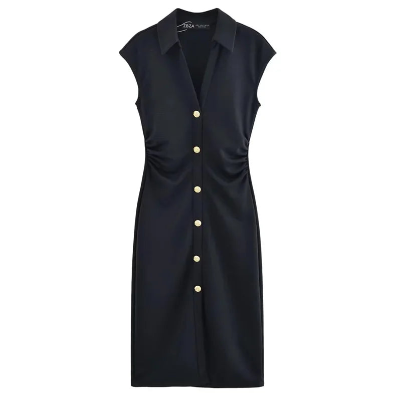 HXAO Ruched Shirt Midi Dresses 2025 Woman Summer Sleeveless Black White Dress Women Bodycon Elegant Casual Women's Dress 088