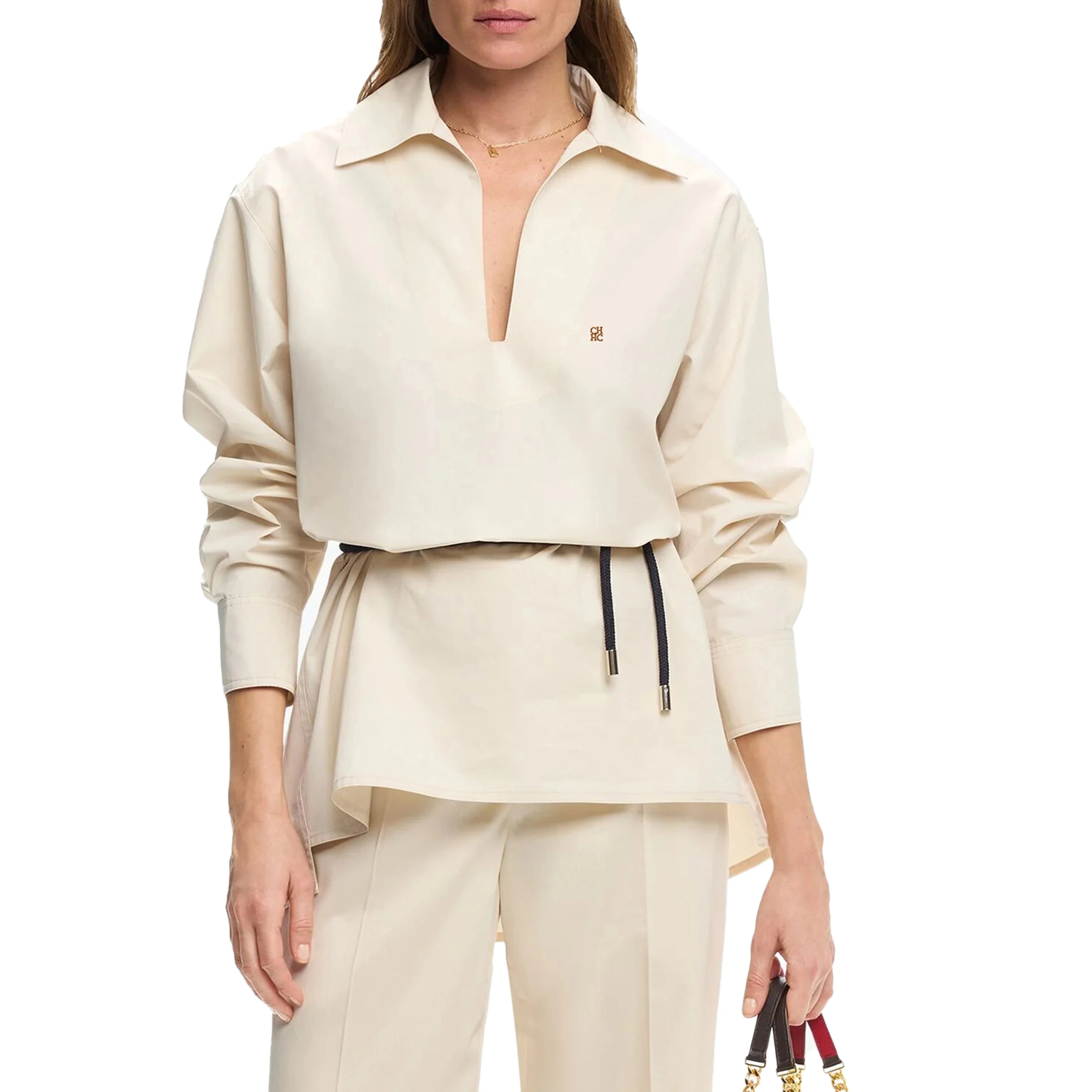 CHCH Women Elegant Solid Blouse Spring Summer Casual Long Sleeve V Neck Loose Shirt Office Lady Tunics Fashion Tops 2025