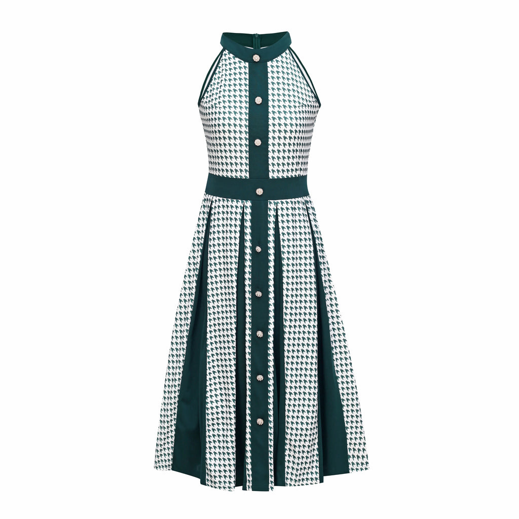 2025 Fashion Stretch Retro Elegant Dress Houndstooth Neck Sleeveless Waisted Single-breasted Large Swing Mid-length Dress
