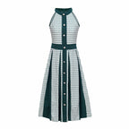 2025 Fashion Stretch Retro Elegant Dress Houndstooth Neck Sleeveless Waisted Single-breasted Large Swing Mid-length Dress