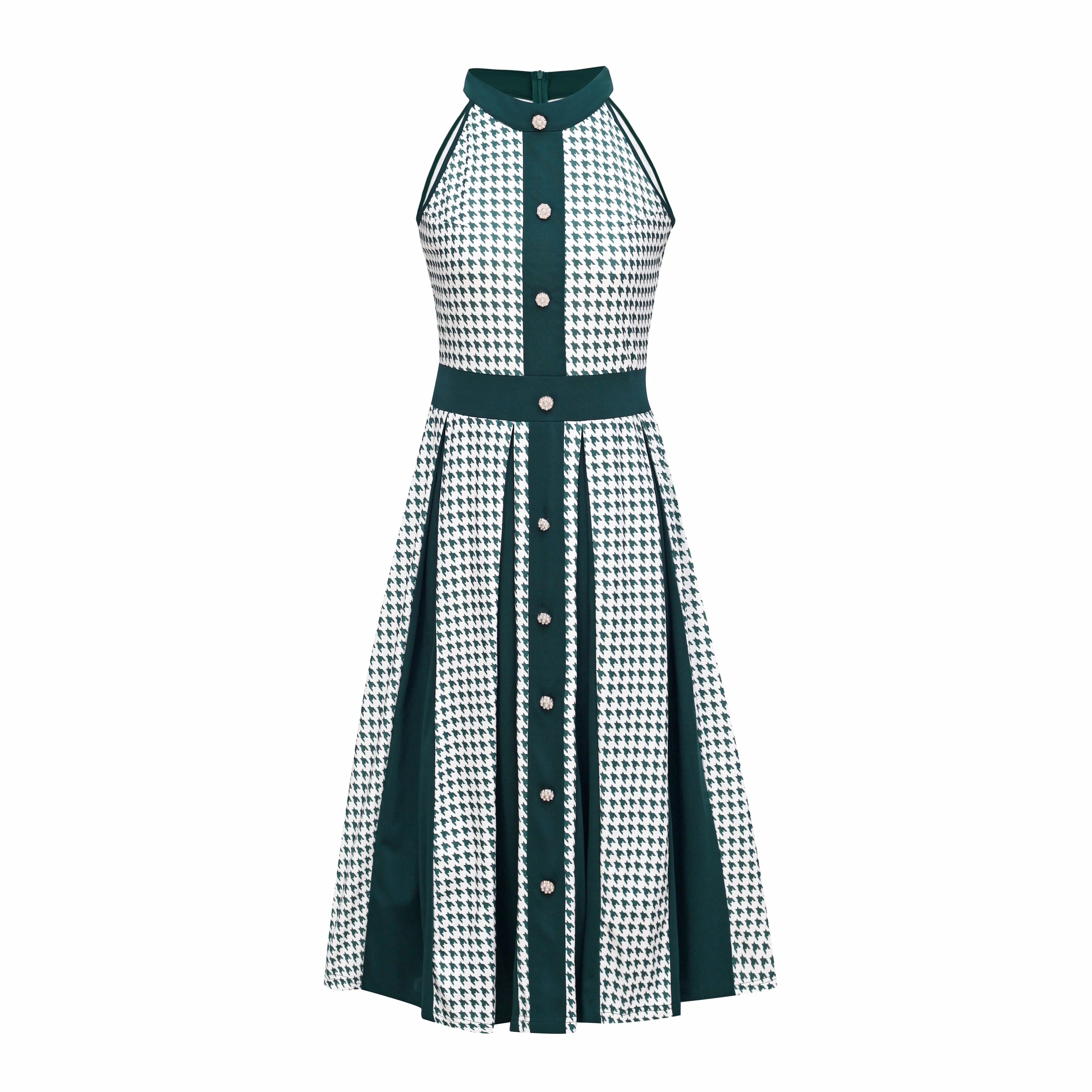 2025 Fashion Stretch Retro Elegant Dress Houndstooth Neck Sleeveless Waisted Single-breasted Large Swing Mid-length Dress