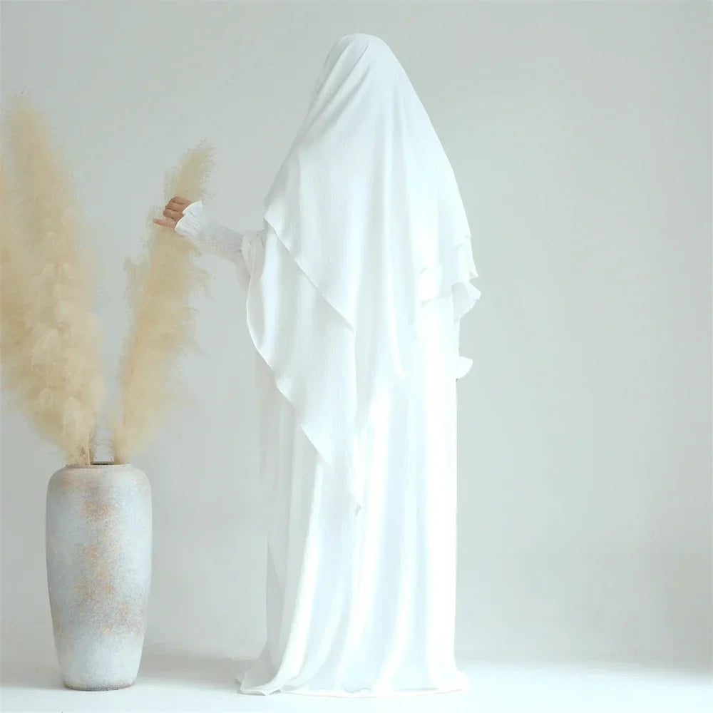 2PCS Muslim Women 2 Layer Hijab Dress Set Islamic Clothing Dubai Turkey Abaya Kaftan Eid Ramadan Djellaba Burqa Khimar Jalabiya