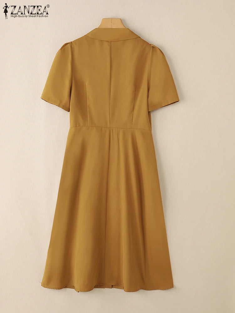 ZANZEA Elegant OL A-line Midi Dresses Women's Fashion High Waist Lapel Neck Pleated Robes Femme Short Puff Sleeve Solid Vestidos