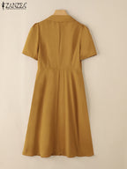 ZANZEA Elegant OL A-line Midi Dresses Women's Fashion High Waist Lapel Neck Pleated Robes Femme Short Puff Sleeve Solid Vestidos