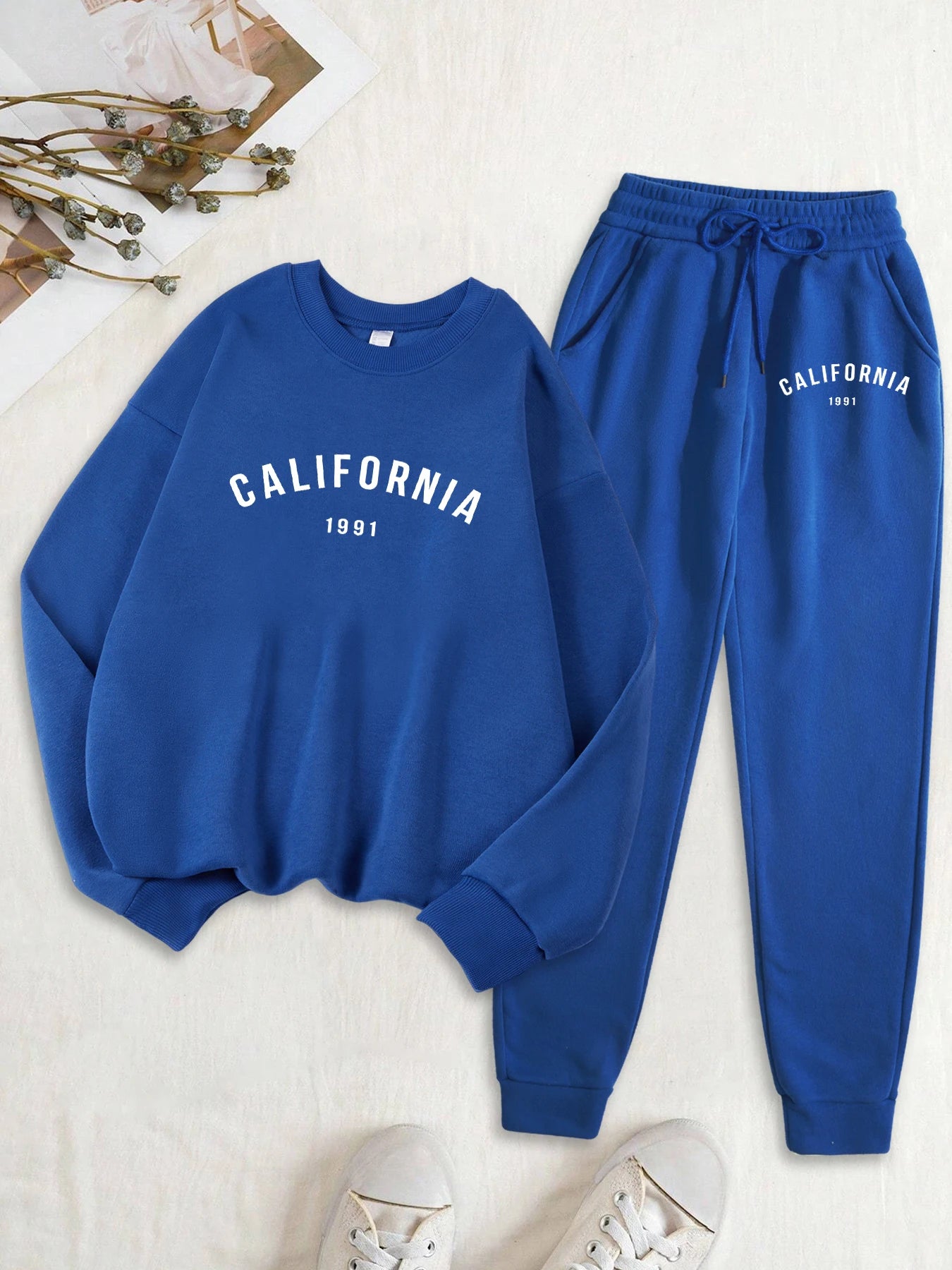 Califirnia Letter 1991 Print Women Soft Sweatshirt Set Street O-Neck Tracksuit Autumn All-Match Clothes Casual Fleece Sweatpant