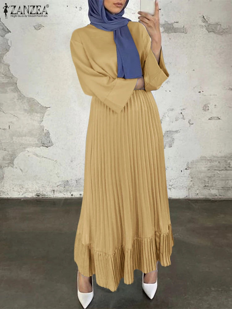 2025 ZANZEA Elegant Women Autumn Long Sleeve Solid Pleated Sundress Muslim Hijab Dresses Turkey Abaya Party Vestidos Robe Femme