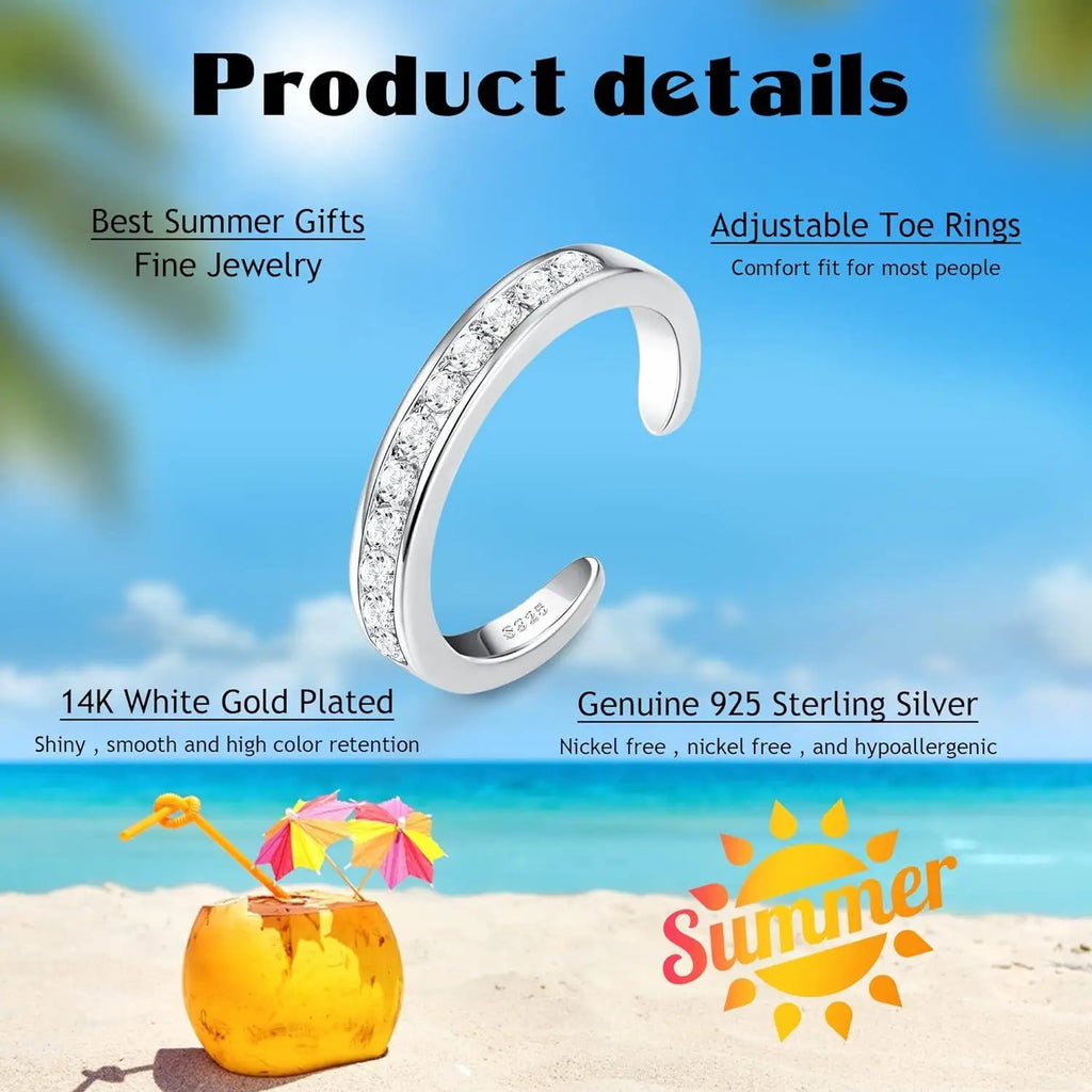 Fansilver S925 Sterling Silver Toe Rings for Women Adjustable White Gold Plated Flower Summer Beach Open Toe Rings Foot Jewelry