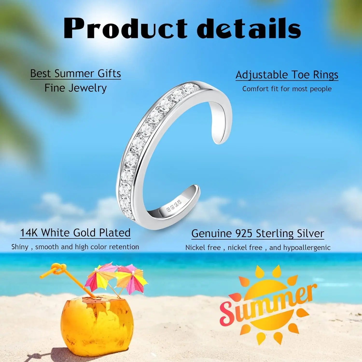 Fansilver S925 Sterling Silver Toe Rings for Women Adjustable White Gold Plated Flower Summer Beach Open Toe Rings Foot Jewelry