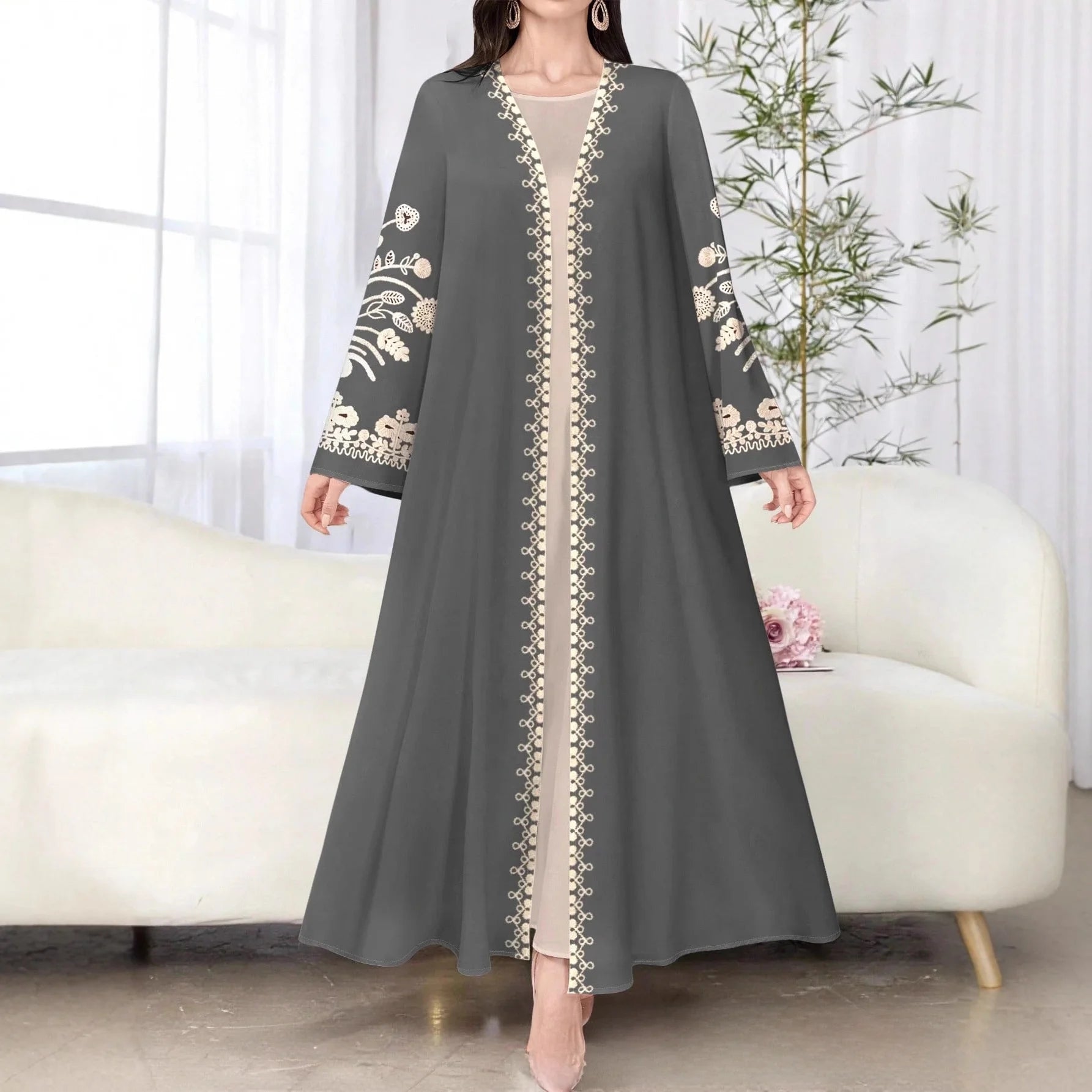 Muslim Women's Long Sleeve Printed Abaya Cardigan Elegant Fashion plus Size Outerwear Polyester Fabric Digital Printing