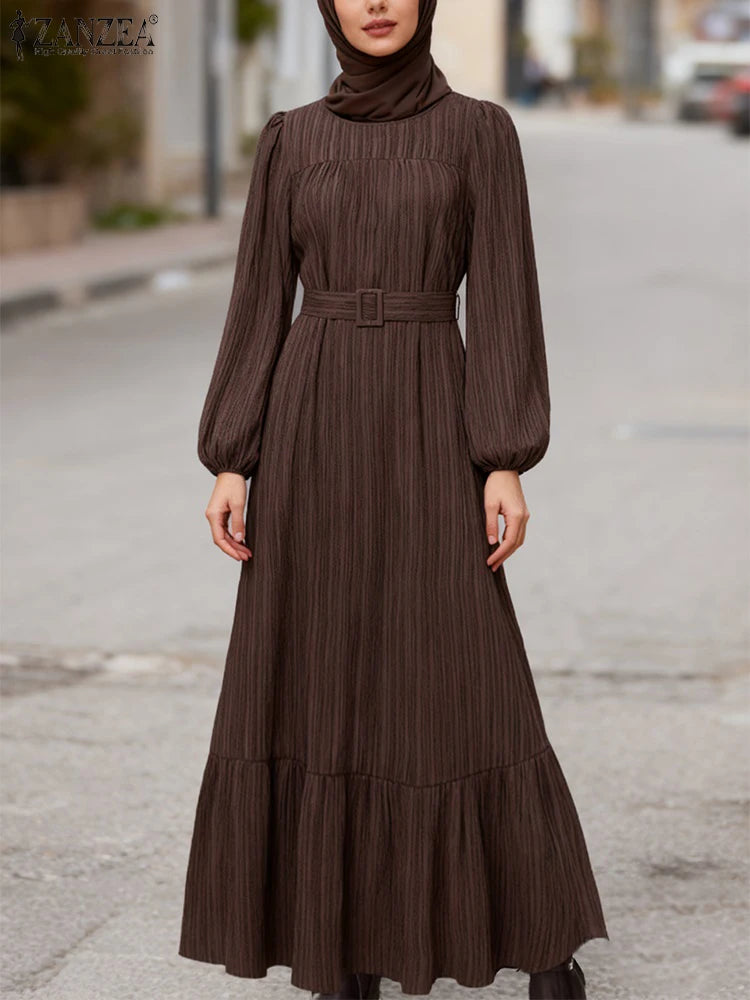 Vintage Muslim Dress Abaya ZANZEA Women Autumn Dresses Long Sleeve Party Dresses Ramadan IsIamic Robe Belted Vestido Kaftan 2026