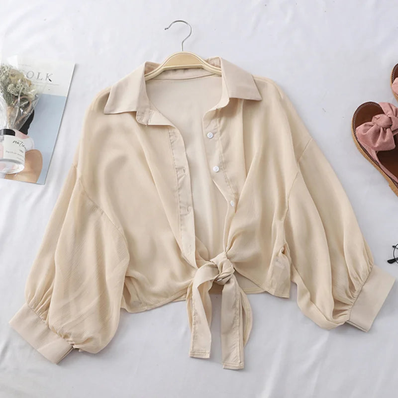 2025 Summer Half Sleeve Buttoned Up Shirt Loose Casual Blouse Chiffon Shirts Women Tied Waist Elegant Blouses for Women 9776