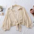 2025 Summer Half Sleeve Buttoned Up Shirt Loose Casual Blouse Chiffon Shirts Women Tied Waist Elegant Blouses for Women 9776