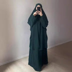 2PCS Women Eid Hooded Muslim Hijab Dress Set Prayer Garment Robes Abaya Khimar Full Cover Ramadan Gown Abayas Islamic Clothing
