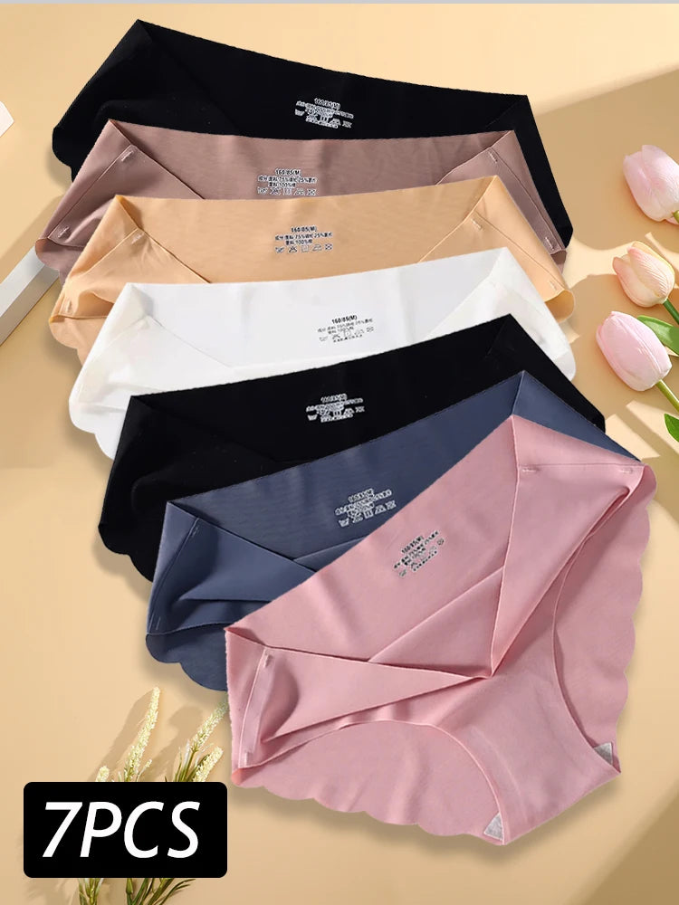 7PCS/Set Ice Silk Seamless Panties Women's Briefs Solid Color Elastic Underwear Female Ultra Thin No Trace Wavy Side Panties
