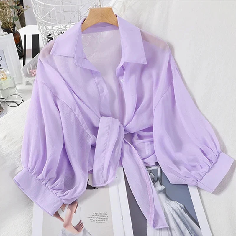 2025 Summer Half Sleeve Buttoned Up Shirt Loose Casual Blouse Chiffon Shirts Women Tied Waist Elegant Blouses for Women 9776