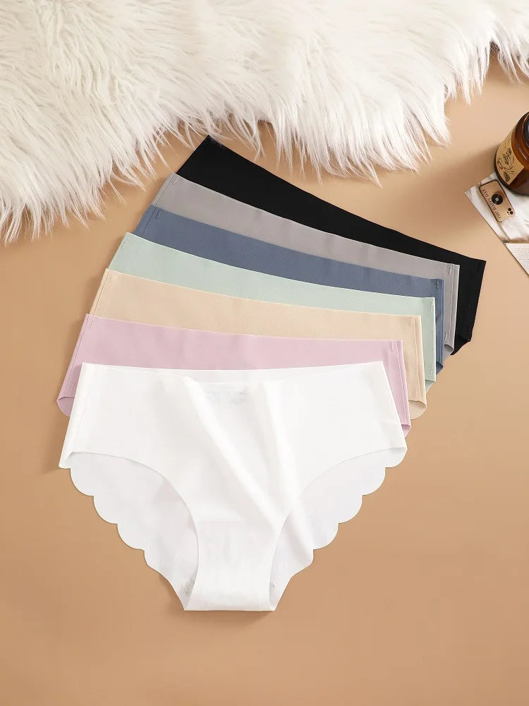 7PCS/Set Ice Silk Seamless Panties Women's Briefs Solid Color Elastic Underwear Female Ultra Thin No Trace Wavy Side Panties