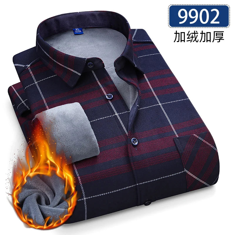 Autumn Winter Thicken Fleece Shirts For Men Business Plaid Shirt Long Sleeve Warm Clothes Male Single Pocket Classic Check Shirt