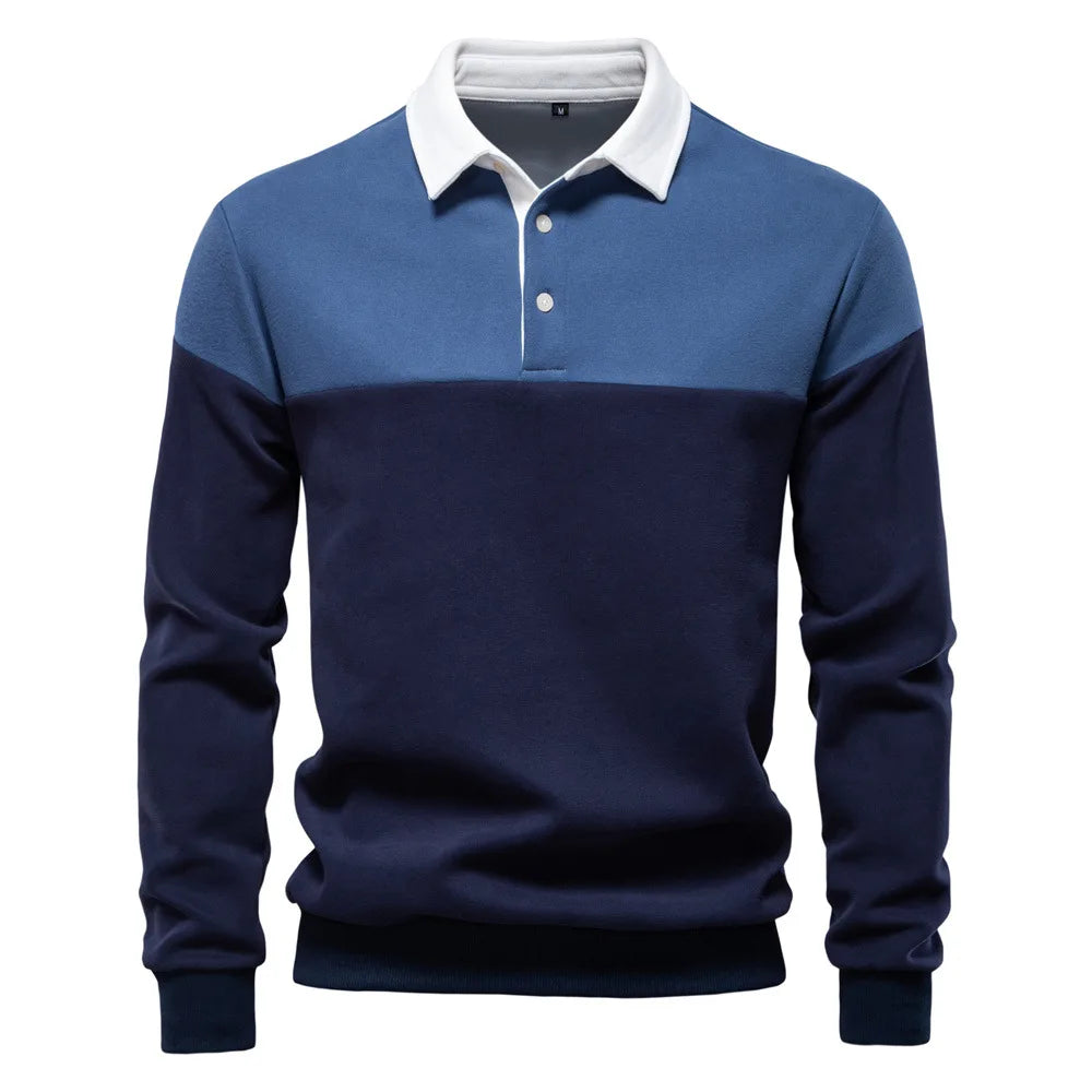 2025 New Arrival Long-Sleeve Polo-Collar Sweatshirt for Men, High-Quality Patchwork Casual Top