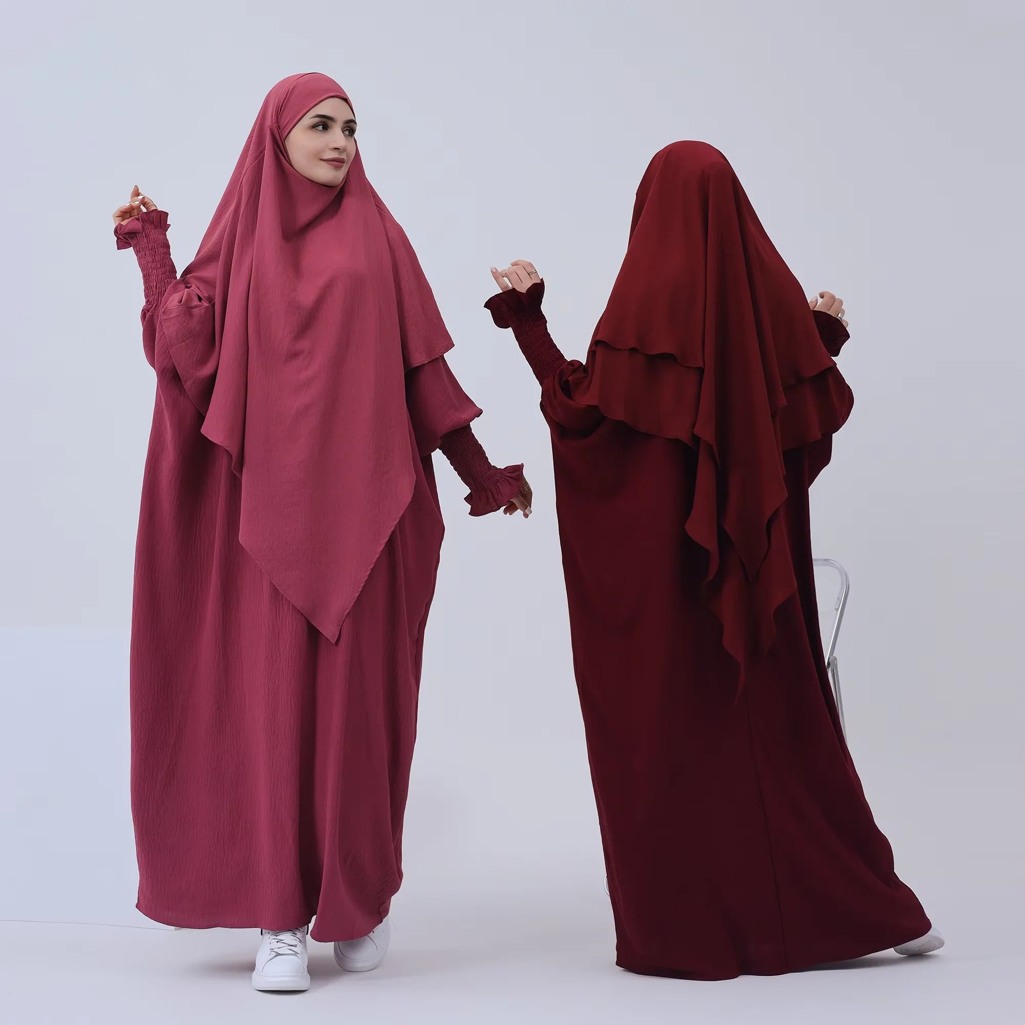 2PCS Muslim Women 2 Layer Hijab Dress Set Islamic Clothing Dubai Turkey Abaya Kaftan Eid Ramadan Djellaba Burqa Khimar Jalabiya