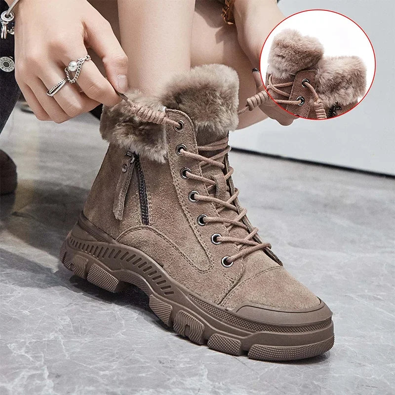 Winter Shoes Women Snow Boots Thick Sole Warm Plush Genuine Leather Brand Ladies Ankle Booties Non-slip Plus Size 41