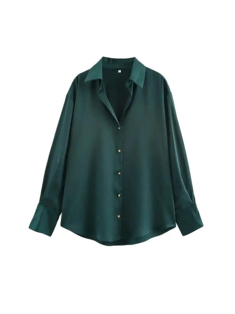 Women's Chic Lapel Collar Blouse Long Sleeve Button-Up Fashion Flowing Top Elegant Female Shirt Office