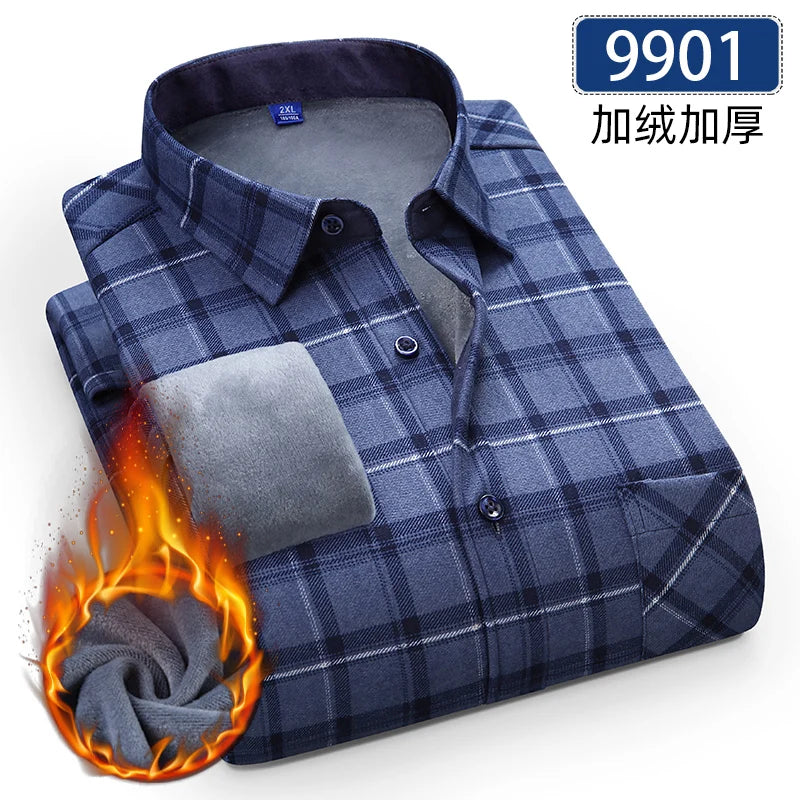 Autumn Winter Thicken Fleece Shirts For Men Business Plaid Shirt Long Sleeve Warm Clothes Male Single Pocket Classic Check Shirt