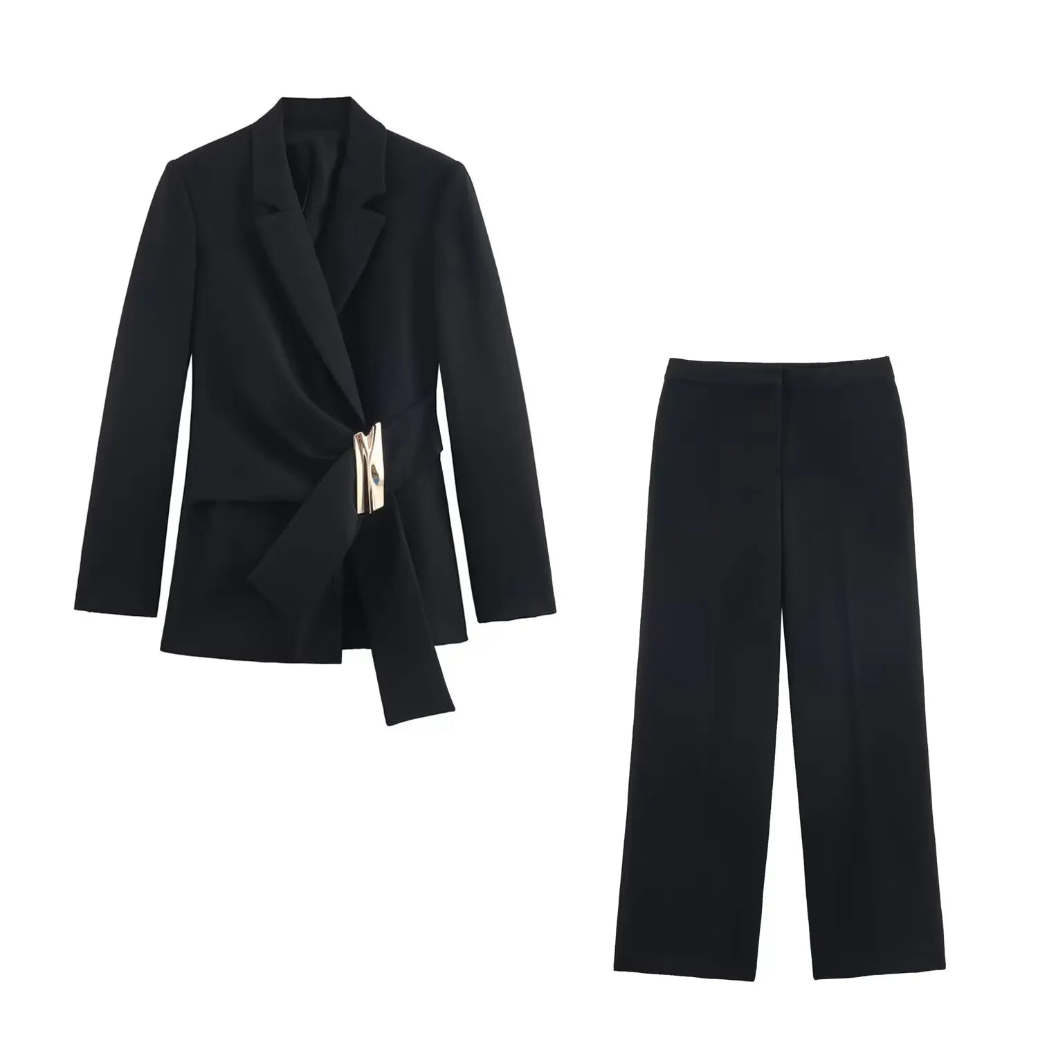 BSAY pants set 2pc suit women's clothing autumn new black Buckle embellished Blazer jackets high-waisted Straight trousers